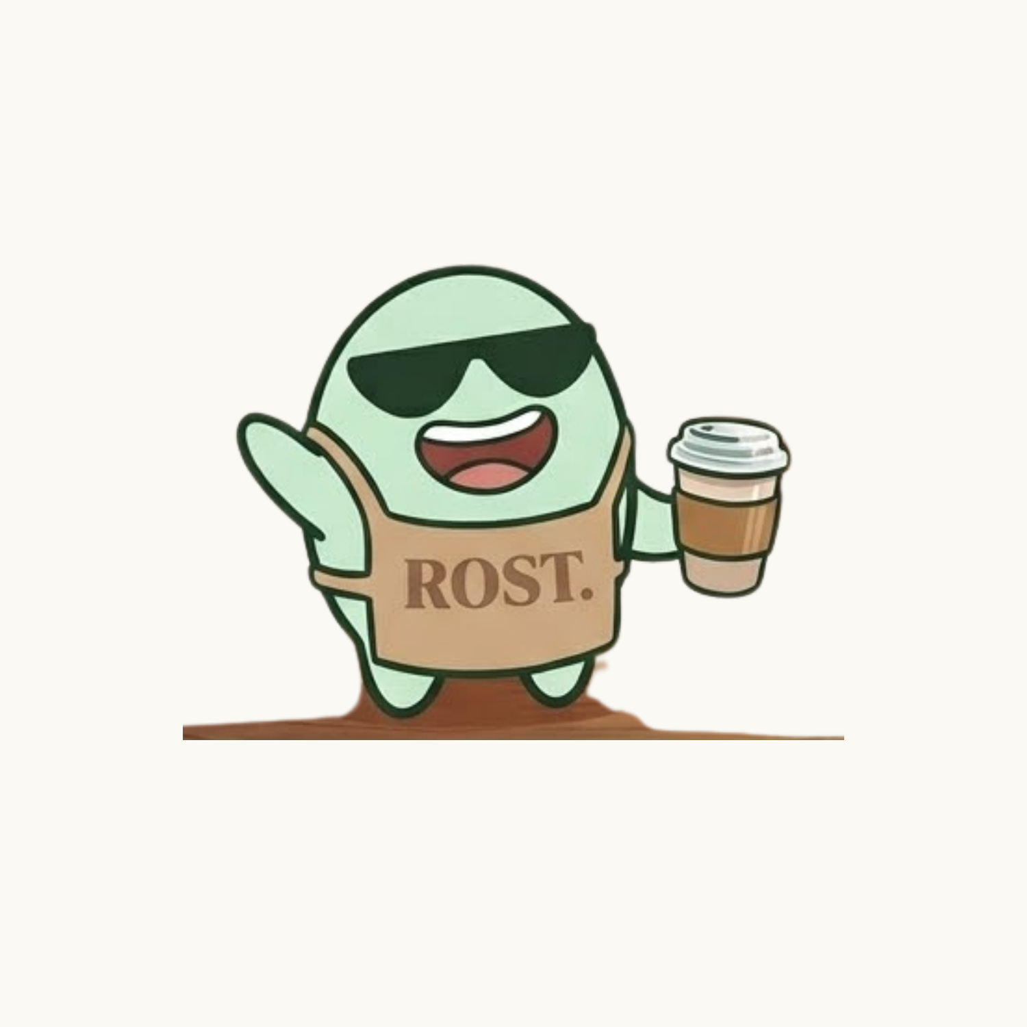 El personaje de Rost, con gafas y delantal, disfrutando un café